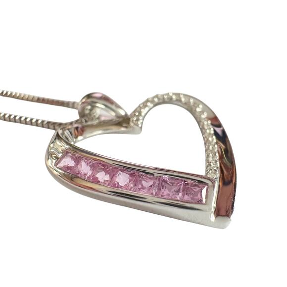Pink & White Heart Necklace with Lab Created Sapphires - Sterling Silver - Picture 5 of 14